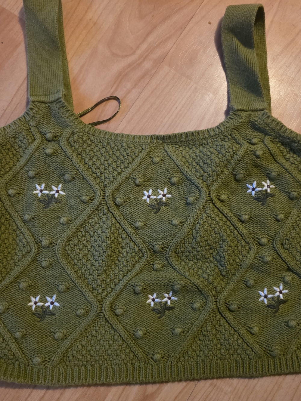 stradivarius Olive Green Knit Embroidered Crop Top